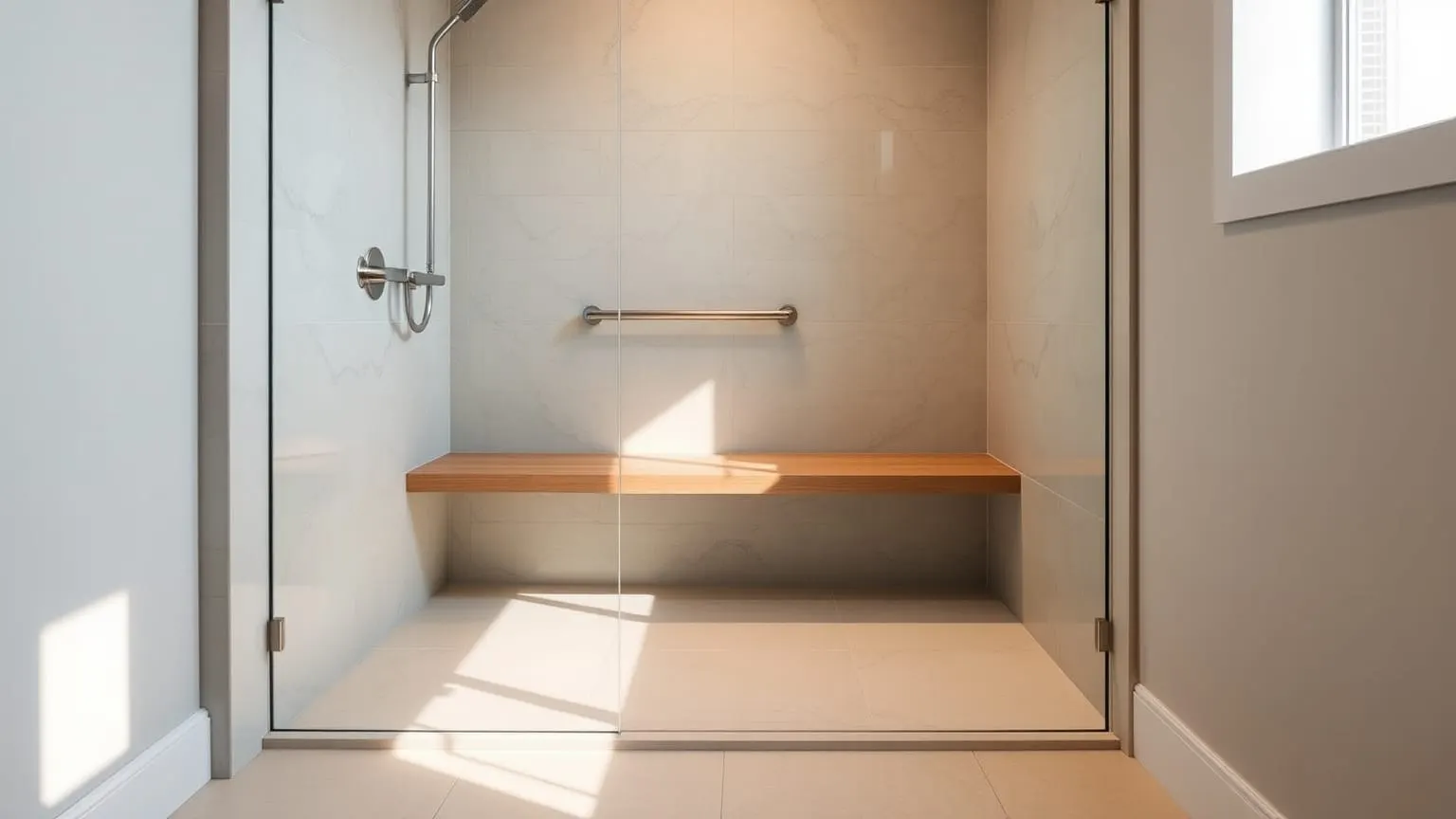 A curbless tiled walk-in shower with a long horizontal grab bar and a built-in teak bench