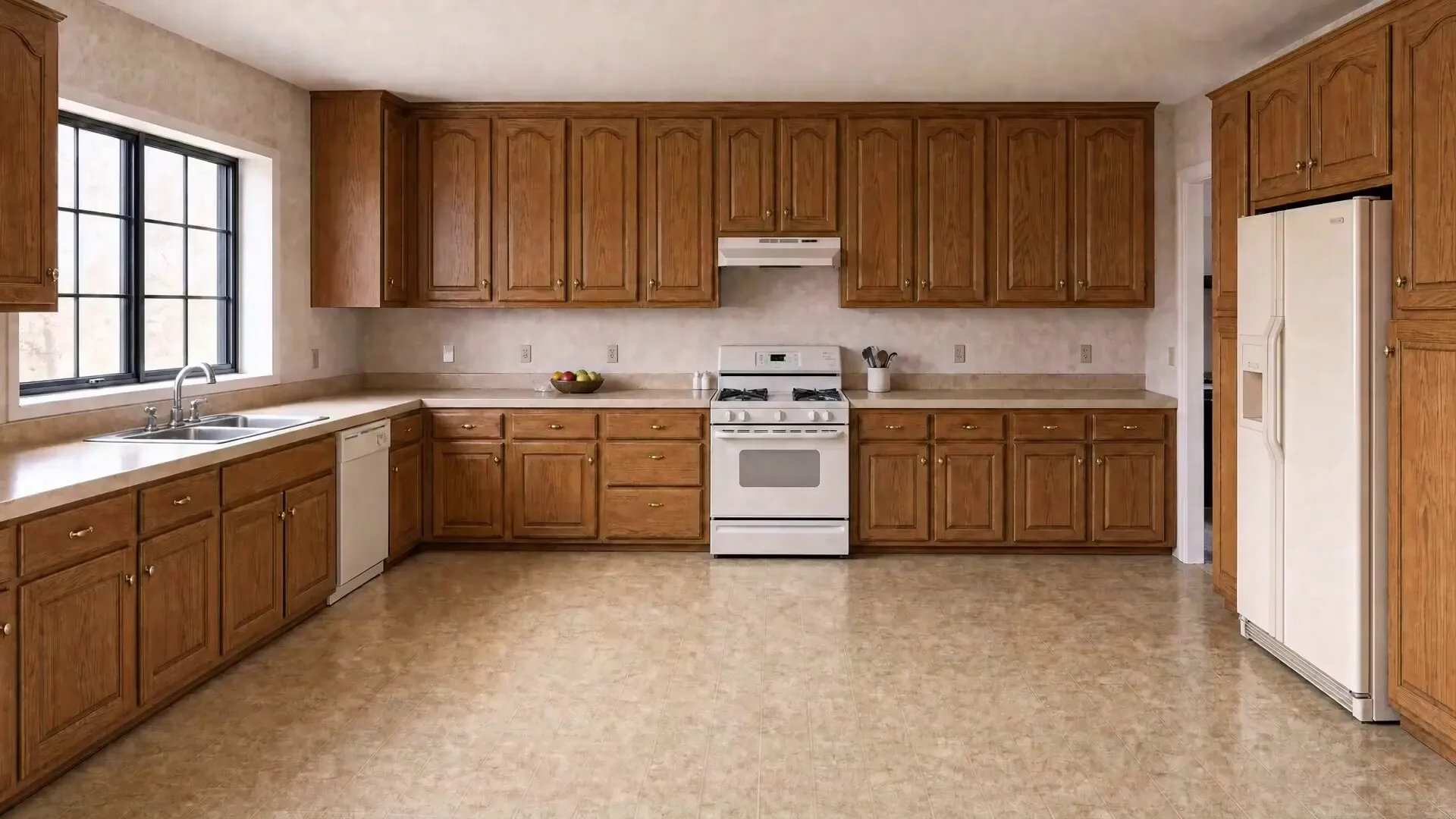 Time-lapse of a complete kitchen remodel, from demolition to a finished navy-and-white kitchen with a quartz island