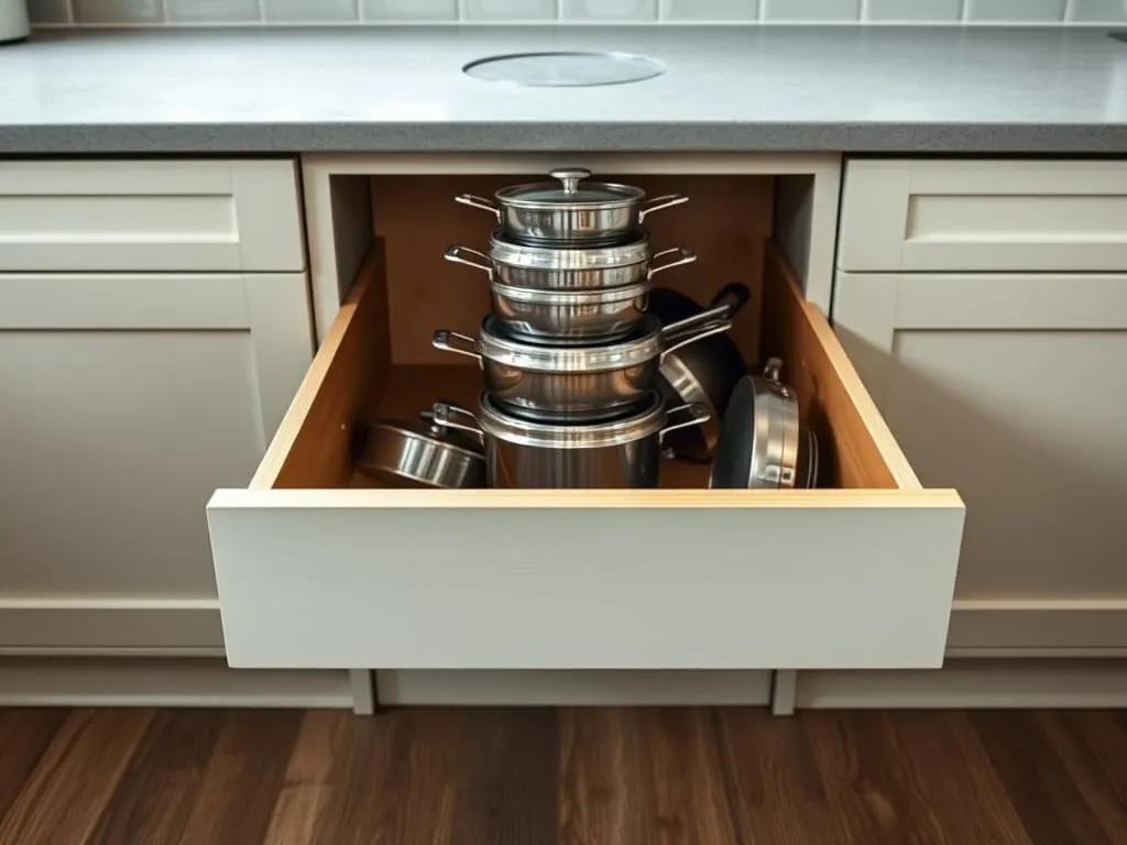 A deep kitchen drawer pulled fully out at waist height with heavy pots stored upright inside